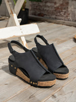 Black Vintage Leather Stitching Studded Wedge Sandals