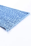 Sky Blue Leopard Print Raw Hem High Waist Flare Jeans