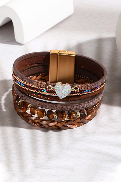 Brown Glittering Heart Accent Multi-layer Vintage PU Bracelet