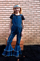 Distressed Ruffle Bell Bottom Overalls