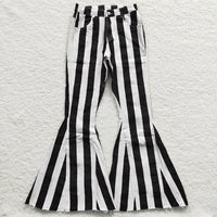Black and White Stripe Print Bell Bottom Jeans
