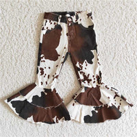 girls brown and white cow print bell bottoms