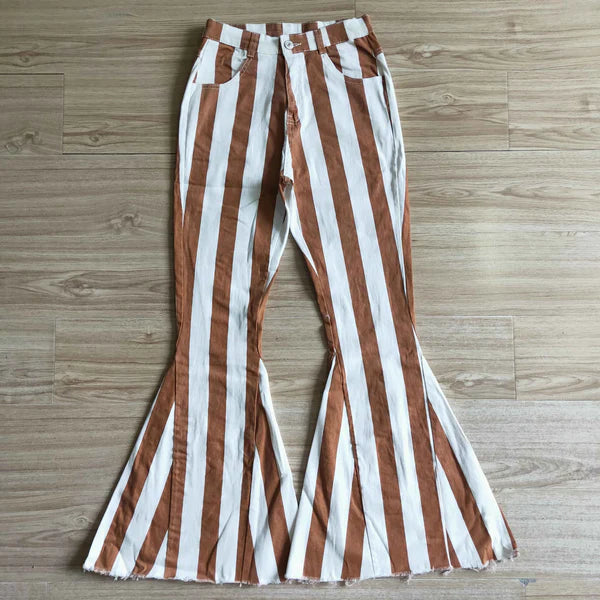 Brown and White Stripe Print Bell Bottom Jeans