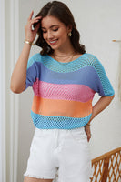 Sky Blue Knitted Eyelet Colorblock Striped Half Sleeves Top