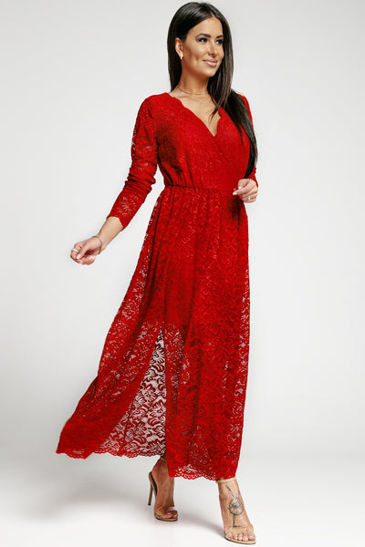 Red Long Sleeve V Neck Lace Maxi Dress with Split