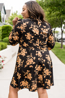 Black Plus Size Cut-out Neckline Long Sleeve Floral Dress