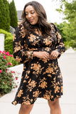 Black Plus Size Cut-out Neckline Long Sleeve Floral Dress