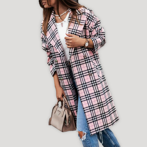 Women’s Long Plaid Overcoat With Collared Neckline And Button Front