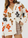 Women’s V Neck Front Button Color Flowers Print Sweater