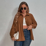 Women’s Plus Size Solid Color Point Collar Corduroy Long Sleeve Button Down Shirt