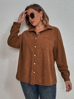 Women’s Plus Size Solid Color Point Collar Corduroy Long Sleeve Button Down Shirt