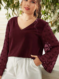 Women's Plus Size Solid Color Lace Polka Pot Sleeve V Neck Blouse