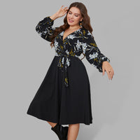 Women's Plus Size Bicolor Print Long Sleeve Wrap Midi Dress