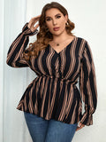 Ladies plus size shirt striped long sleeve waist shirt