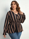 Ladies plus size shirt striped long sleeve waist shirt