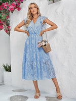 Women's Solid Color Elegance Floral Flutter Sleeves Midi Faux Wrap Dress