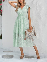 Women's Solid Color Elegance Floral Flutter Sleeves Midi Faux Wrap Dress