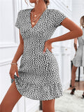Women's Woven V Neck Short Sleeve Printed Dress