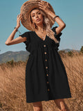 Women's woven v-neck button-up large swing A-shaped small flying sleeve dress