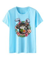 Women's Floral Print Graphic Happy Easter Rabbit Print Short Sleeve T-shirt
