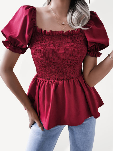 Women's Solid Color Balloon Sleeve Hem Ruffle Chiffon Shirt Top