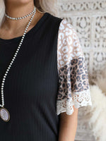 Women's Leopard Lace Panel Pullover Crewneck T-Shirt