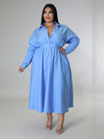 New plus size women's solid color long-sleeved shirt dress