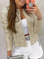 Women's fashion round neck solid color sequined short coat casual all-match small coat