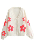 New women's V-neck three-dimensional intarsia lazy style knitted jacket