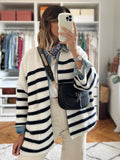 New retro temperament striped contrasting casual knitted cardigan loose long-sleeved sweater jacket