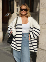 New retro temperament striped contrasting casual knitted cardigan loose long-sleeved sweater jacket