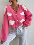 Loose V-neck cloud drop shoulder knitted cardigan three-button sweater short coat