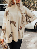 Women's Leopard Print Hem Slit Turtleneck Sweater